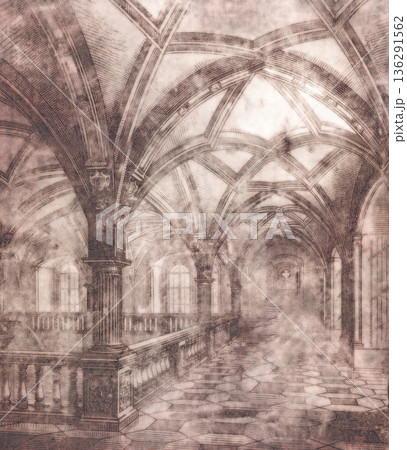 Gothic church architecture engraving with vaulted ceiling arches Gothic church architecture engraving with vaulted ceiling arches 136291562