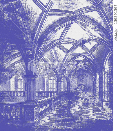 Grand gothic hall interior with vaulted ceiling engraving 136291567