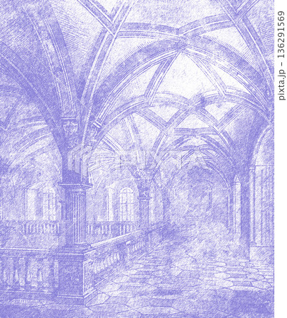 Vintage gothic architecture engraving illustrating arching hall 136291569