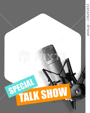Creating a podcast episode with a microphone setup for a talk show discussion Creating a podcast episode with a microphone setup for a talk show discussion 136291653