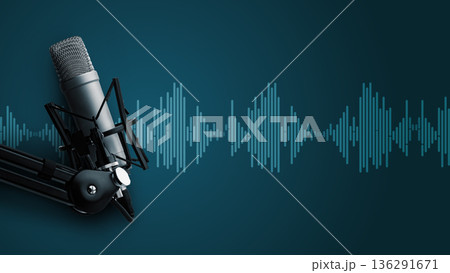Podcast studio setup shows microphone and audio wave pattern on blue background 136291671