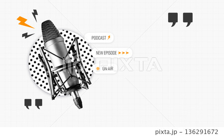 Podcast episode recording with microphone on white background Podcast episode recording with microphone on white background 136291672