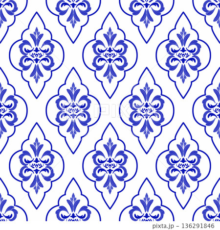 Blue and White Damask Seamless Pattern, Abstract Floral Geometric Ornament Blue and White Damask Seamless Pattern, Abstract Floral Geometric Ornament 136291846