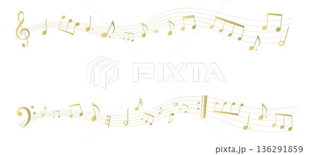 ゴールドの遠近感のある楽譜のフレームイラスト　五線譜　背景イラスト　音符、休符、音楽記号のイラスト 136291859