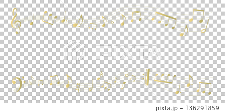 ゴールドの遠近感のある楽譜のフレームイラスト　五線譜　背景イラスト　音符、休符、音楽記号のイラスト 136291859