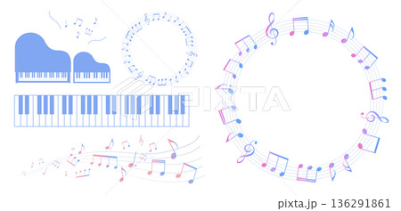 カラフルな五線譜のフレームイラスト ピアノのイラスト素材　鍵盤 136291861