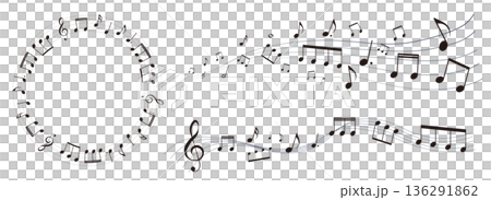 遠近感のある楽譜のフレームイラスト　五線譜　背景イラスト　音符、休符、音楽記号のイラスト 136291862