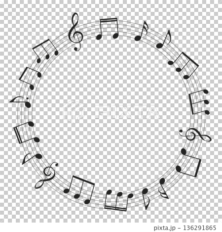 樂譜、五線譜、背景插圖、音符和符號的圓形邊框插圖 136291865