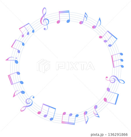 カラフルな楽譜の円形フレームイラスト　五線譜　背景イラスト　音符、音楽記号のイラスト 136291866