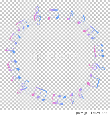 カラフルな楽譜の円形フレームイラスト　五線譜　背景イラスト　音符、音楽記号のイラスト 136291866
