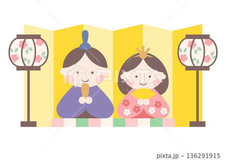 ひな祭りのお内裏様とお雛様のかわいいベクターイラスト　金屏風とぼんぼり 136291915