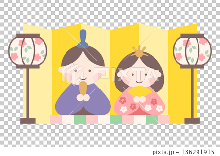 為女兒節創作的可愛向量插圖，描繪了天皇和皇后，配有金色屏風和燈籠。 136291915