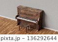 Vintage Wooden Upright Piano with Stool. 3D Rendering. 136292644