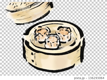 日式毛筆畫風格的蒸籠燒賣插圖 136293064