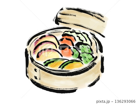 蒸篭に入っている野菜の和風筆イラスト素材 136293066