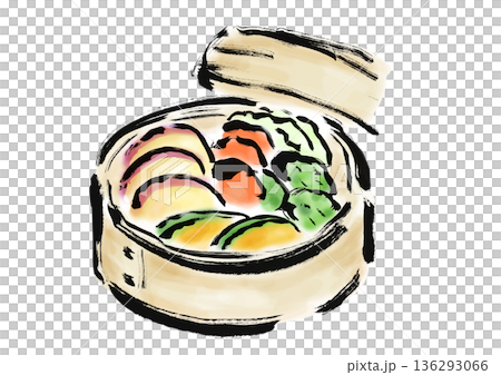 蒸篭に入っている野菜の和風筆イラスト素材 136293066