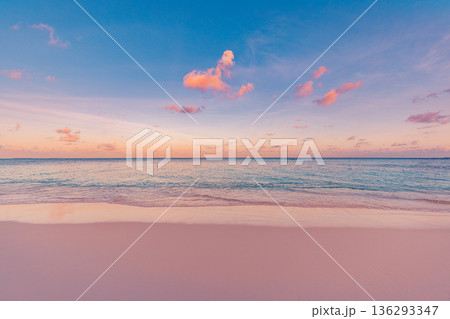 Fantastic sunset beach in Maldives. Sandy shore with ocean view and relax summer calm pattern 136293347