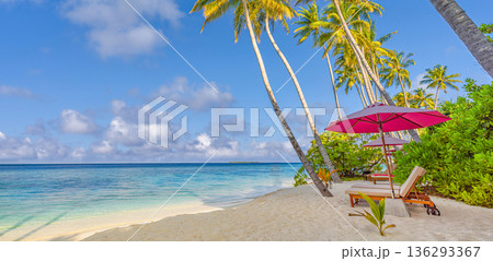 Romantic couple travel tropical beach landscape chairs umbrella palm trees ocean view luxury tourism destination honeymoon scenic summer vacation wallpaper 136293367