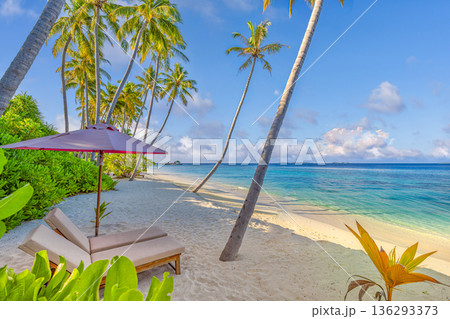 Romantic couple beach landscape luxury honeymoon tropical island travel destination summer vacation wallpaper background 136293373