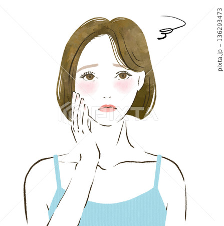 肌に手を当てて困り顔の女性　水彩イラスト 136293473