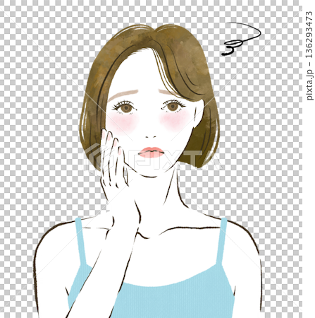 肌に手を当てて困り顔の女性　水彩イラスト 136293473