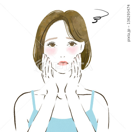 両手を顔に当てて困っている女性の線画イラスト 両手を顔に当てて困っている女性の線画イラスト 136293474