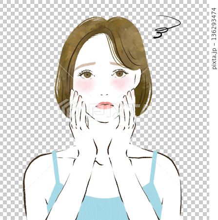 両手を顔に当てて困っている女性の線画イラスト 両手を顔に当てて困っている女性の線画イラスト 136293474