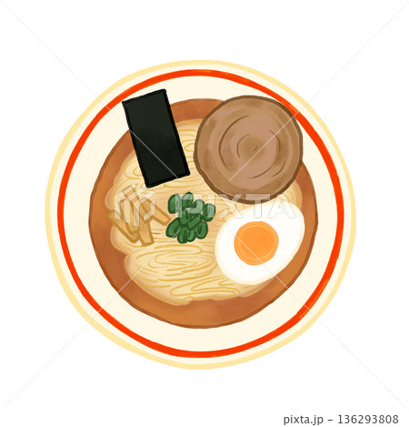 シンプルな醤油ラーメンのイラスト　トッピング　カラー線 136293808