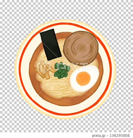 シンプルな醤油ラーメンのイラスト　トッピング　カラー線 136293808