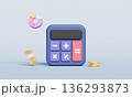 Calculator with Golden Cash, Coin and Pie Chart. 3D Rendering. 136293873