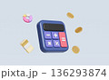 Calculator with Golden Cash, Coin and Pie Chart. 3D Rendering. 136293874