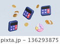 Calculator with Golden Cash, Coin and Pie Chart. 3D Rendering. 136293875