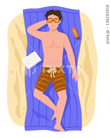 Young Man Sunbathing on the Sandy Beach for Summer Vacation and Outdoor Recreation Lifestyle Concept Illustration Clip Art Young Man Sunbathing on the Sandy Beach for Summer Vacation and Outdoor Recreation Lifestyle Concept Illustration Clip Art 136293916