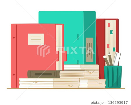 Stack of Document File Folders, Books and Report Papers for Overload Working and Overburdened Concept Illustration Clip Art 136293917