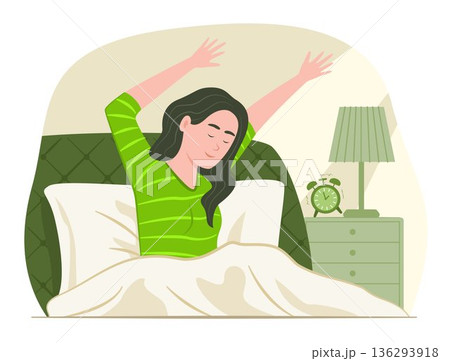 Young Woman Wakes Up in the Early Morning and Stretching Arms in Bed with Feeling Refreshed for Healthy Routine Lifestyle Concept Illustration Clip Art 136293918