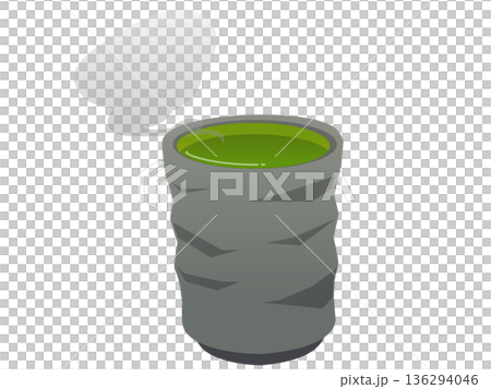 Illustration of a teacup filled with tea, with steam 136294046