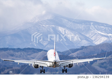 冬の仙台空港　着陸中の飛行機　宮城県名取市 136294139