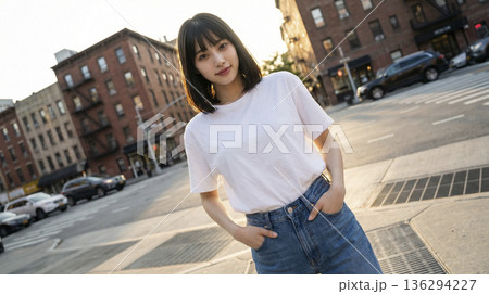夕暮れの街角でポケットに手を入れる白Tシャツ姿の日本人女性 136294227