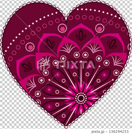 Red heart with bright ethnic ornament. Colorful romantic decor. Ornamental ethnic round pattern. Floral Indian mandala ornament in shades of red. Valentine day greeting card design 136294253