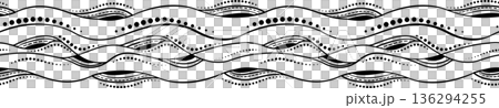 Monochrome abstract seamless border. Black white vector illustration. Zentangle style design. Randomly black curved lines and circles on white background. Unusual decorative design elements Monochrome abstract seamless border. Black white vector illustration. Zentangle style design. Randomly black curved lines and circles on white background. Unusual decorative design elements 136294255