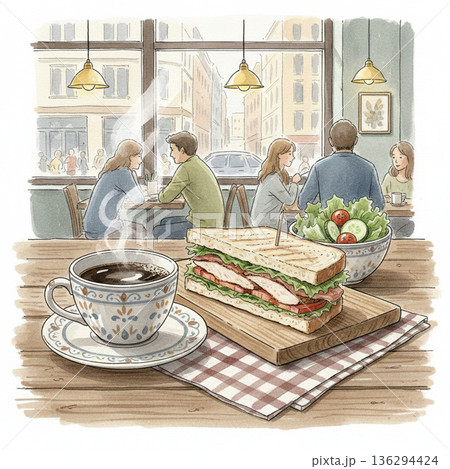 水彩で描いた、カフェのトーストサンドとサラダとコーヒーのセット 136294424
