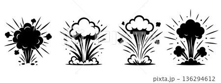 Explosion Silhouettes Collection with Smoke and Debris Effects for Action Graphics, Bomb Blast and Ground Explosion Shapes Set with Cloud and Splash Elements 136294612