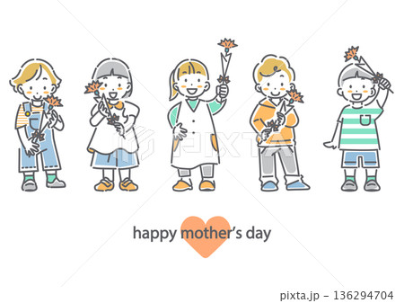 母の日にカーネーションを贈る子供たち　シンプルでかわいい線画イラスト 136294704