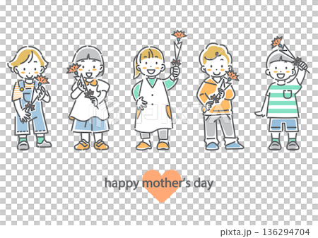 母の日にカーネーションを贈る子供たち　シンプルでかわいい線画イラスト 136294704