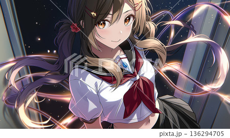 夜空に輝く光の軌跡と微笑むセーラー服のアニメ風美少女 136294705