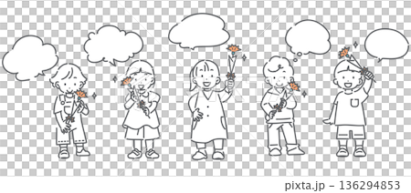 Children giving carnations on Mother's Day - simple and cute line drawing illustration Children giving carnations on Mother's Day - simple and cute line drawing illustration 136294853