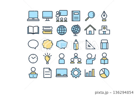 学校・勉強・教室のシンプルアイコンセット（青・黄アクセント） 136294854