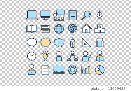 学校・勉強・教室のシンプルアイコンセット（青・黄アクセント） 136294854