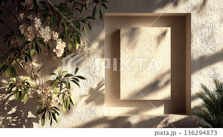 木漏れ日揺れる植物影と壁面ニッチの自然抽象空間背景 木漏れ日揺れる植物影と壁面ニッチの自然抽象空間背景 136294873