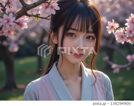 満開の桜と着物を着た若い女性 136294900